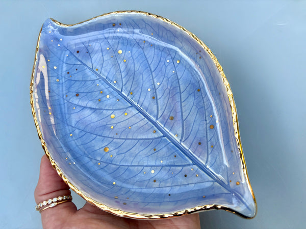 Large Periwinkle-Blue Hydrangea Leaf Jewelry Holder, Ceramic Dish with Gold Accents - Vuvu Ceramics