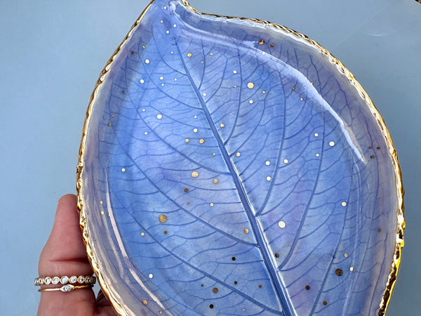 Large Periwinkle-Blue Hydrangea Leaf Jewelry Holder, Ceramic Dish with Gold Accents - Vuvu Ceramics