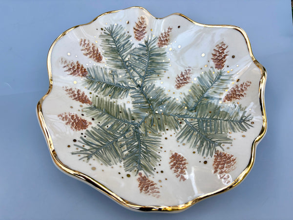 Large Evergreen Jewelry Holder or Decorative Piece, Ceramic Dish with Gold Accent - Vuvu Ceramics