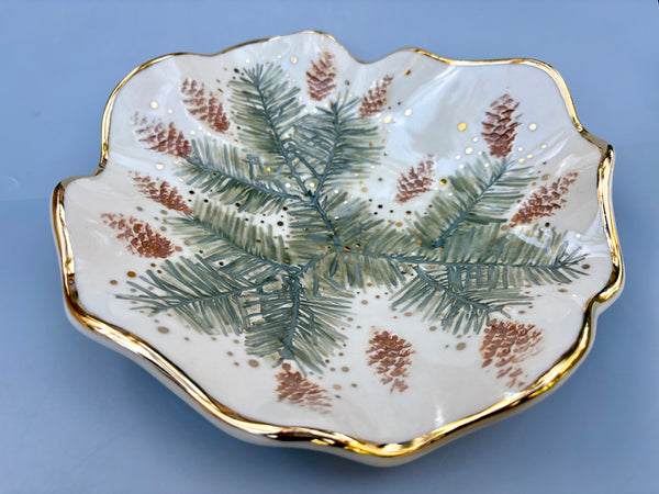 Large Evergreen Jewelry Holder or Decorative Piece, Ceramic Dish with Gold Accent - Vuvu Ceramics