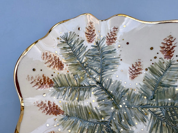 Large Evergreen Jewelry Holder or Decorative Piece, Ceramic Dish with Gold Accent - Vuvu Ceramics