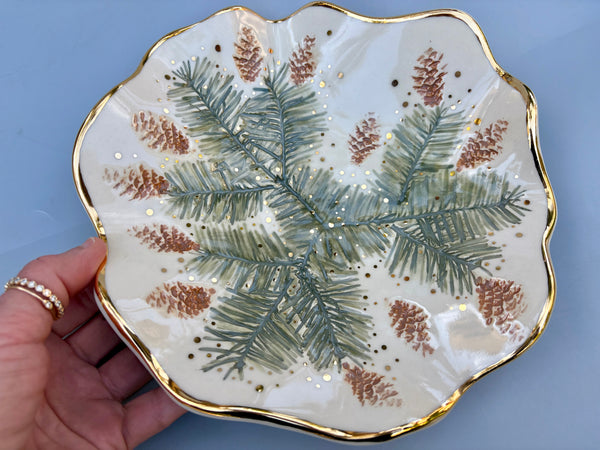 Large Evergreen Jewelry Holder or Decorative Piece, Ceramic Dish with Gold Accent - Vuvu Ceramics