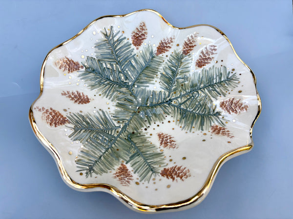 Large Evergreen Jewelry Holder or Decorative Piece, Ceramic Dish with Gold Accent - Vuvu Ceramics