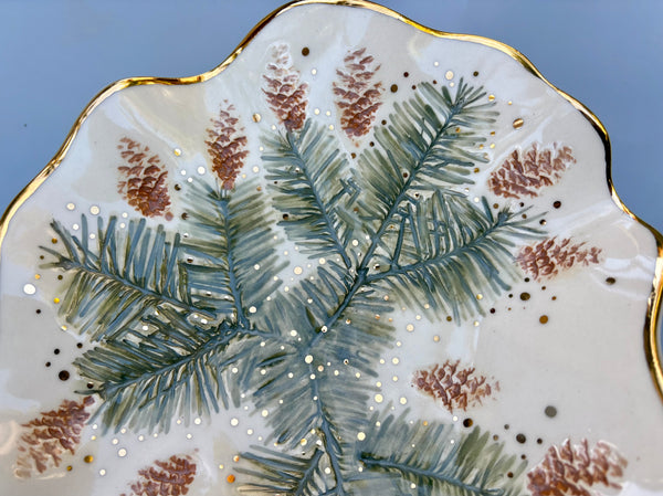 Large Evergreen Jewelry Holder or Decorative Piece, Ceramic Dish with Gold Accent - Vuvu Ceramics