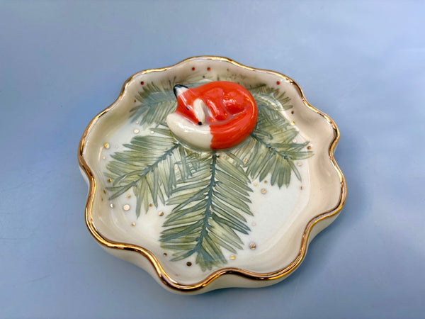 Sleeping Fox on Evergreen Jewelry Holder, Ceramic Dish with Gold Accents - Vuvu Ceramics