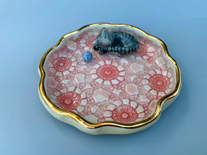 Gray Tabby Cat Jewelry Dish, Ceramic Dish with Gold Accents