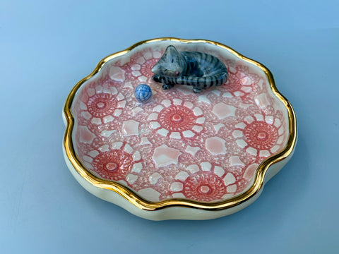 Gray Tabby Cat Jewelry Dish, Ceramic Dish with Gold Accents