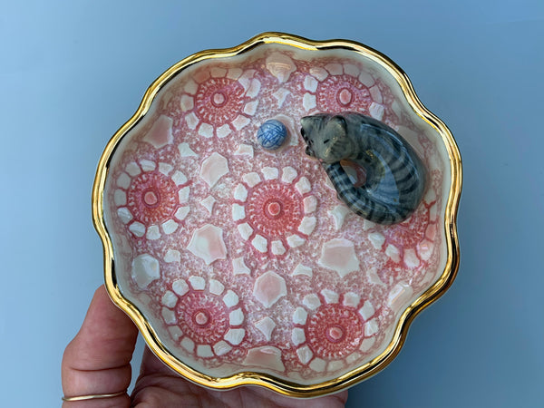 Gray Tabby Cat Jewelry Dish, Ceramic Dish with Gold Accents
