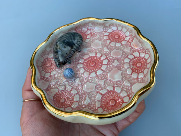 Gray Tabby Cat Jewelry Dish, Ceramic Dish with Gold Accents