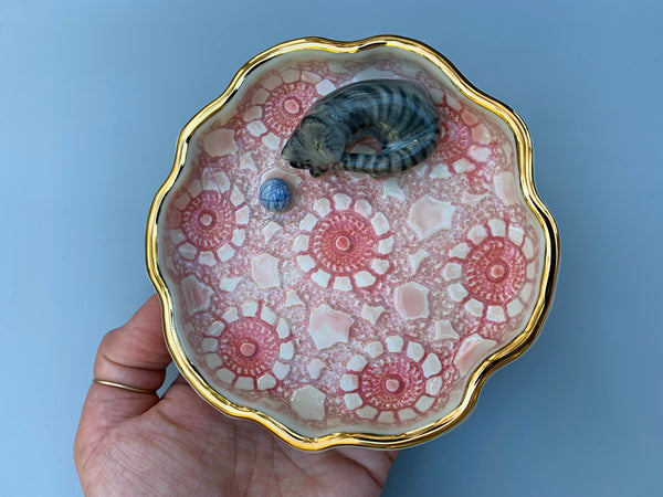 Gray Tabby Cat Jewelry Dish, Ceramic Dish with Gold Accents