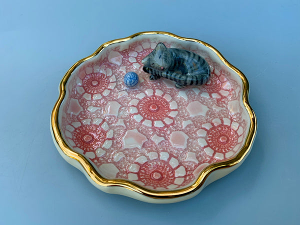 Gray Tabby Cat Jewelry Dish, Ceramic Dish with Gold Accents