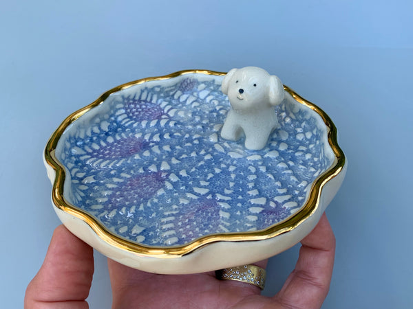 Bichon Frise Dog Jewelry Holder, Ceramic Trinket Dish with Gold Accent