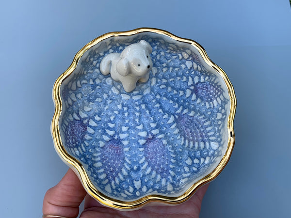 Bichon Frise Dog Jewelry Holder, Ceramic Trinket Dish with Gold Accent