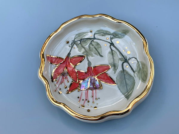 Fuchsia Jewelry Holder, Ceramic Dish with Flower Imprint