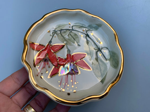 Fuchsia Jewelry Holder, Ceramic Dish with Flower Imprint