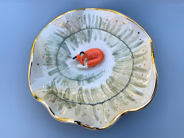 Large Sleeping Fox Jewelry Holder, Ceramic Fern Leaf Trinket Dish with Gold Accent