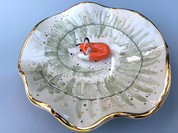 Large Sleeping Fox Jewelry Holder, Ceramic Fern Leaf Trinket Dish with Gold Accent