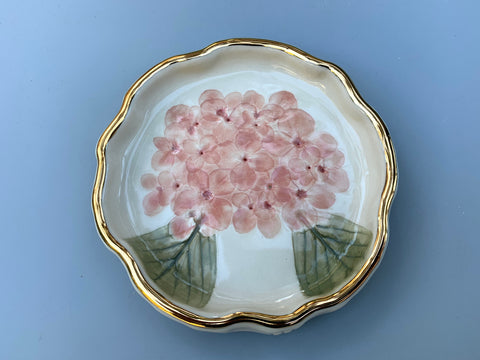 Pink Hydrangea Jewelry Dish with Gold