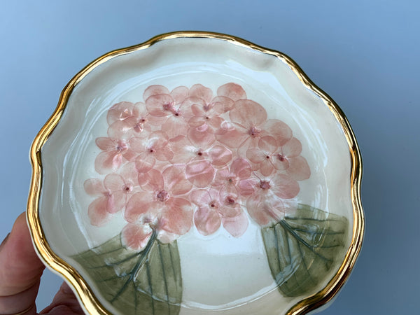 Pink Hydrangea Jewelry Dish with Gold