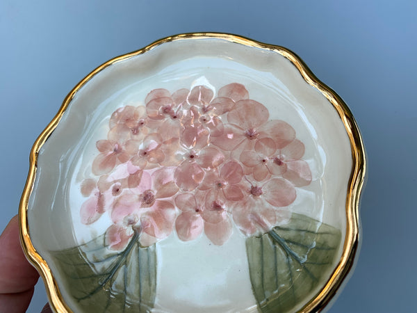 Pink Hydrangea Jewelry Dish with Gold