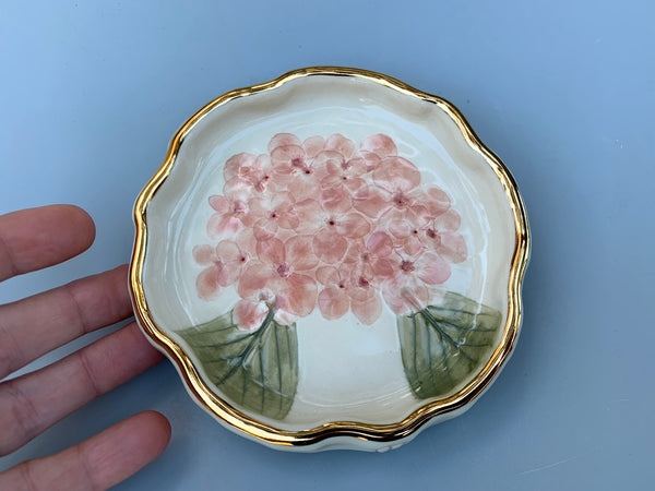 Pink Hydrangea Jewelry Dish with Gold
