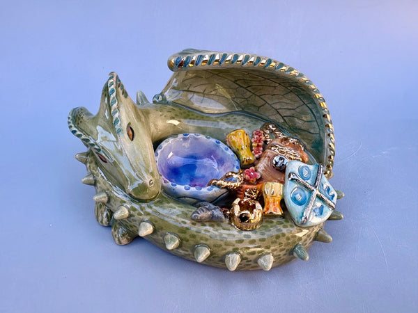 Dragon ONE: Green Dragon Guardian with Gold Treasure Hoard, Ornate Sculpture with Real Gold Accented Treasures - Vuvu Ceramics