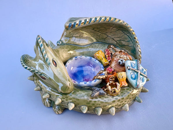 Dragon ONE: Green Dragon Guardian with Gold Treasure Hoard, Ornate Sculpture with Real Gold Accented Treasures - Vuvu Ceramics