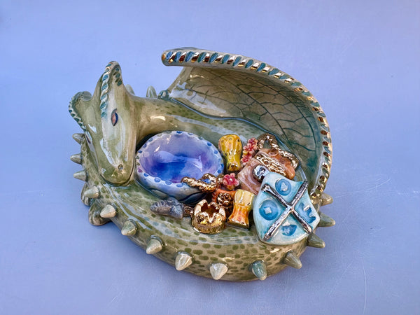 Dragon ONE: Green Dragon Guardian with Gold Treasure Hoard, Ornate Sculpture with Real Gold Accented Treasures - Vuvu Ceramics