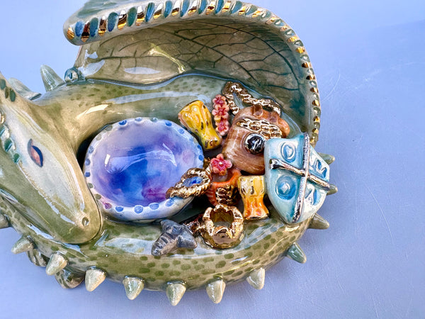 Dragon ONE: Green Dragon Guardian with Gold Treasure Hoard, Ornate Sculpture with Real Gold Accented Treasures - Vuvu Ceramics