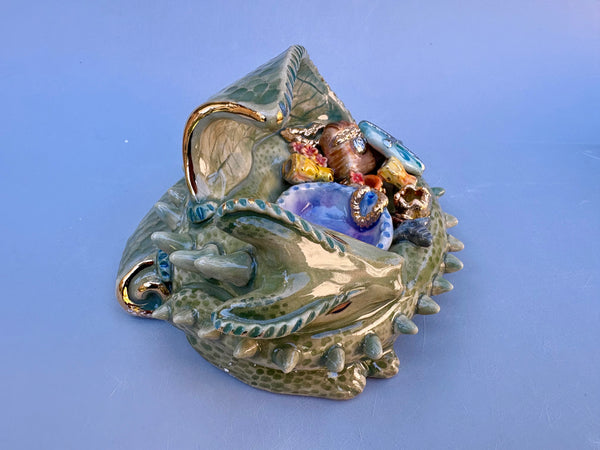 Dragon ONE: Green Dragon Guardian with Gold Treasure Hoard, Ornate Sculpture with Real Gold Accented Treasures - Vuvu Ceramics