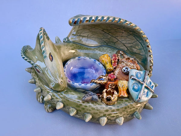 Dragon ONE: Green Dragon Guardian with Gold Treasure Hoard, Ornate Sculpture with Real Gold Accented Treasures - Vuvu Ceramics