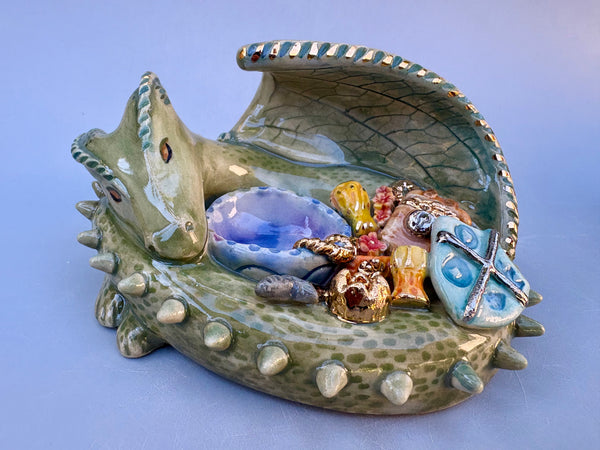 Dragon ONE: Green Dragon Guardian with Gold Treasure Hoard, Ornate Sculpture with Real Gold Accented Treasures - Vuvu Ceramics