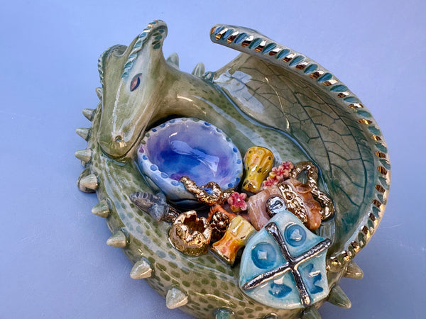 Dragon ONE: Green Dragon Guardian with Gold Treasure Hoard, Ornate Sculpture with Real Gold Accented Treasures - Vuvu Ceramics