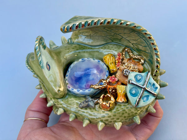 Dragon ONE: Green Dragon Guardian with Gold Treasure Hoard, Ornate Sculpture with Real Gold Accented Treasures - Vuvu Ceramics