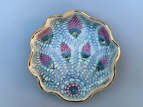 Peacock Lace Ceramic Jewelry Dish with Gold Accents