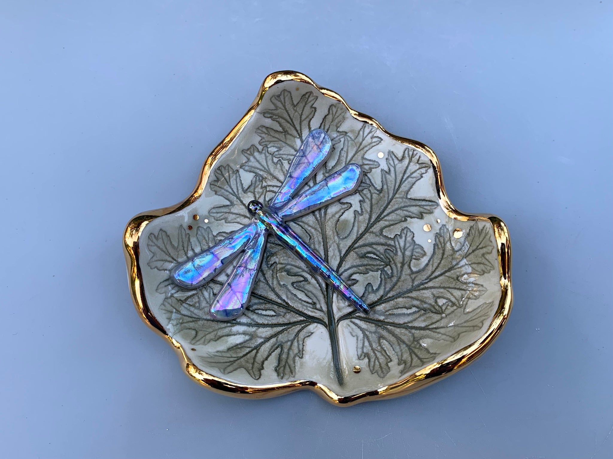 Iridescent Dragonfly Jewelry Dish with Geranium Leaf Dish