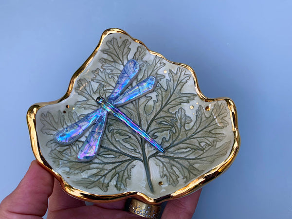 Iridescent Dragonfly Jewelry Dish with Geranium Leaf Dish