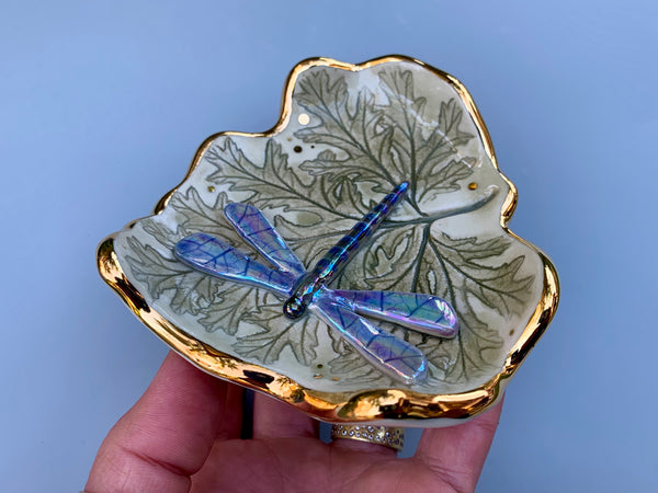 Iridescent Dragonfly Jewelry Dish with Geranium Leaf Dish