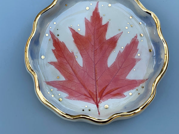 Red Maple Leaf Ceramic Jewelry Dish, Colorful Fall Leaf with Gold Accent