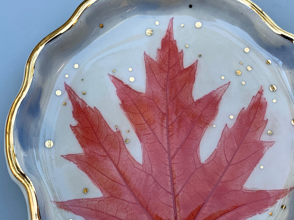 Red Maple Leaf Ceramic Jewelry Dish, Colorful Fall Leaf with Gold Accent