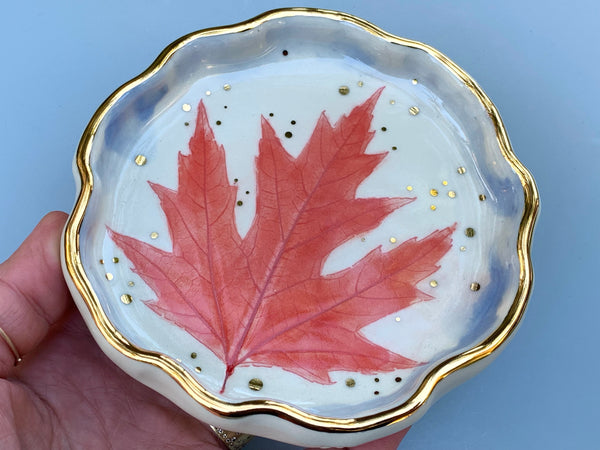 Red Maple Leaf Ceramic Jewelry Dish, Colorful Fall Leaf with Gold Accent