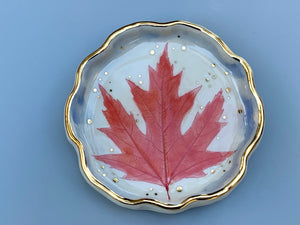 Red Maple Leaf Ceramic Jewelry Dish, Colorful Fall Leaf with Gold Accent