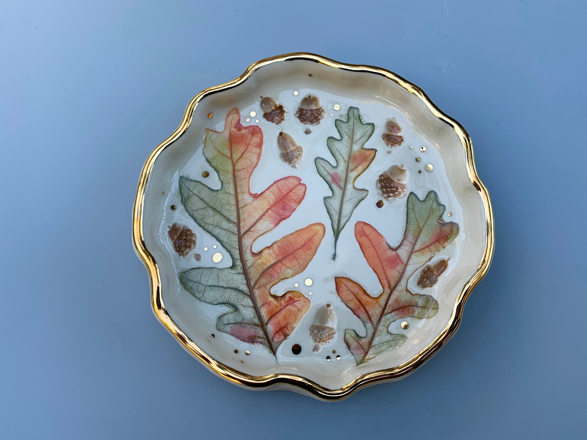 Oak Leaf and Acorn Ceramic Jewelry Dish, Colorful Fall Leaves with Gold Accent