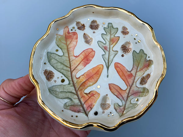 Oak Leaf and Acorn Ceramic Jewelry Dish, Colorful Fall Leaves with Gold Accent