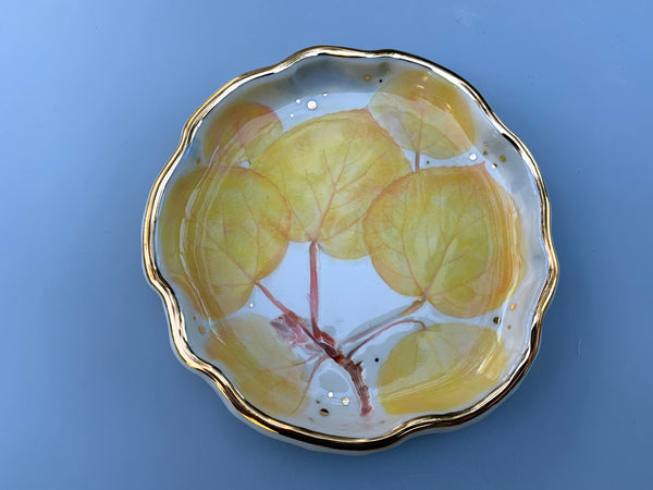 Golden Aspen Ceramic Jewelry Dish, Colorful Fall Leaves with Gold Accent