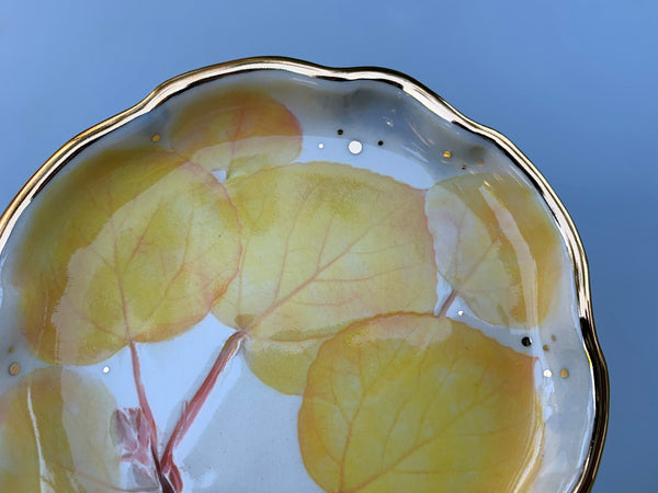 Golden Aspen Ceramic Jewelry Dish, Colorful Fall Leaves with Gold Accent