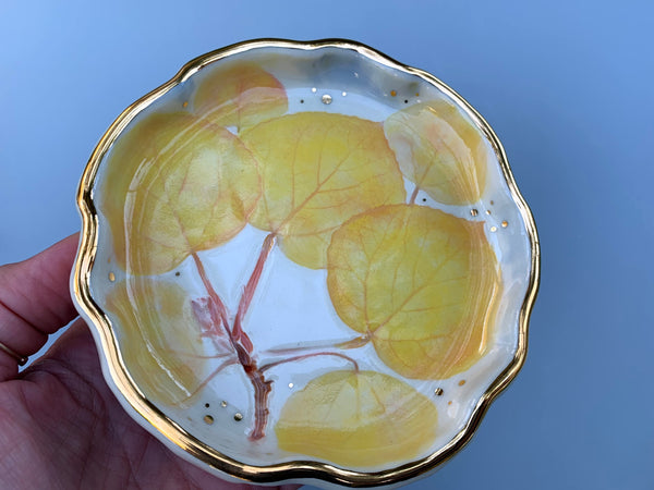 Golden Aspen Ceramic Jewelry Dish, Colorful Fall Leaves with Gold Accent