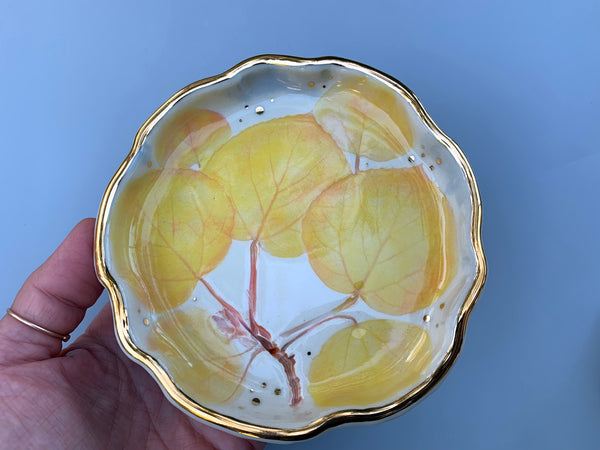 Golden Aspen Ceramic Jewelry Dish, Colorful Fall Leaves with Gold Accent