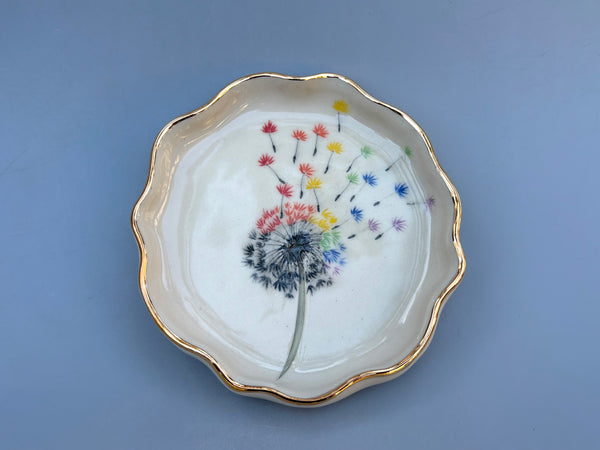 Rainbow Dandelion Seed Head,  Ceramic Dish with Gold Accents - Vuvu Ceramics
