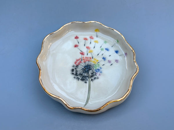 Rainbow Dandelion Seed Head,  Ceramic Dish with Gold Accents - Vuvu Ceramics
